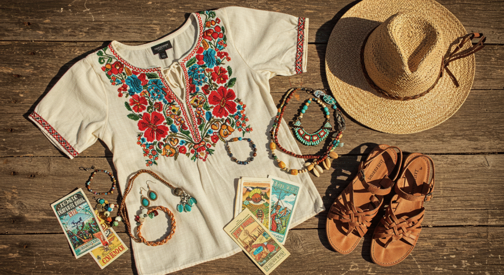 A flat lay of folk-inspired fashion items on a rustic wooden surface, including an embroidered blouse, leather sandals, a woven hat, and beaded accessories, showcasing ideas for what to wear to local folk festivals.