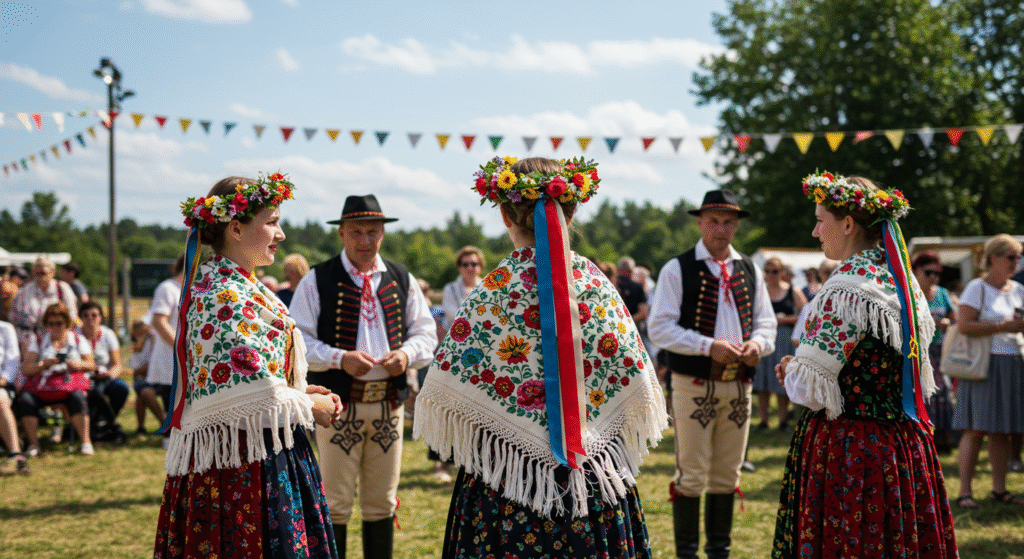 A group of people wearing traditional folk costumes with embroidered fabrics and cultural accessories, providing authentic inspiration for what to wear to local folk festivals.