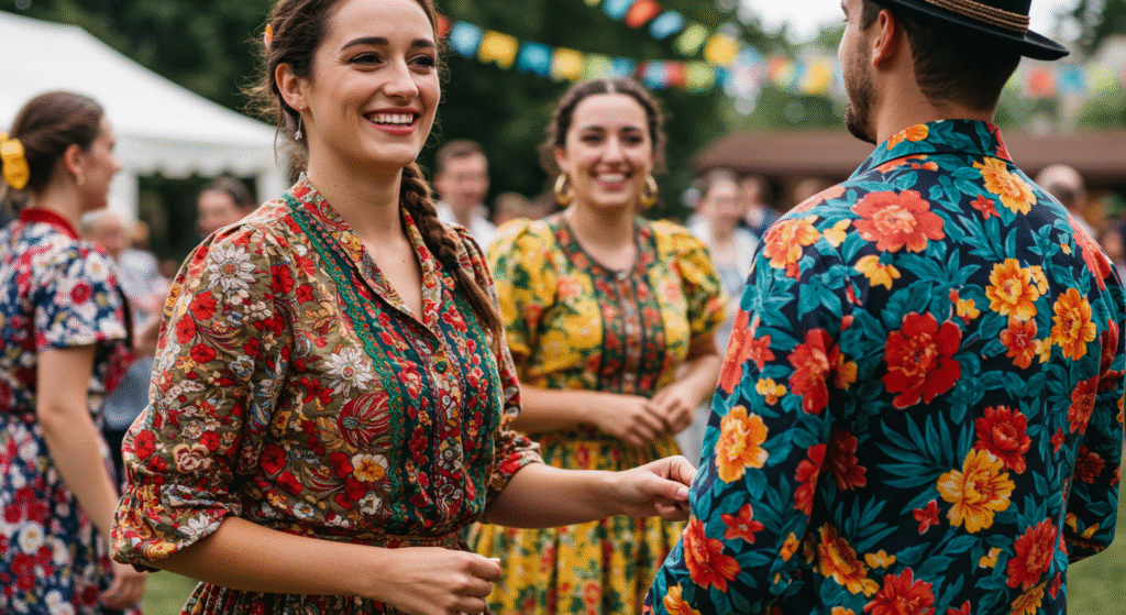 Bright and colorful festival outfits featuring bold patterns and prints, showing playful and expressive ideas for what to wear to local folk festivals.