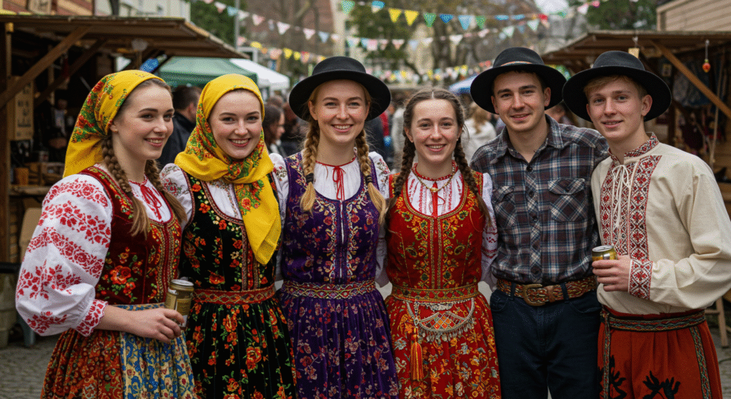 A group of friends wearing coordinated outfits with traditional patterns and vibrant colors, inspiring ideas for what to wear to local folk festivals as a stylish group.