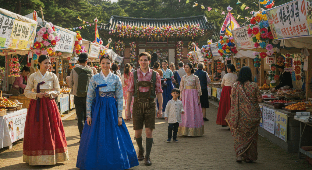 People showcasing regional style variations including traditional Korean hanbok and other cultural costumes, offering inspiration on what to wear to local folk festivals around the world.