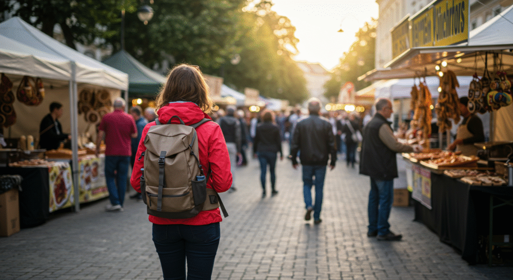 local folk festivals for solo travelers, a solo traveler is walking at local market.