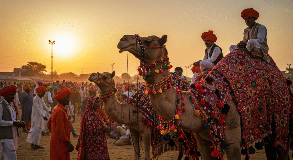 Decorated camels and locals in traditional attire at the Pushkar Camel Fair in Rajasthan, India.