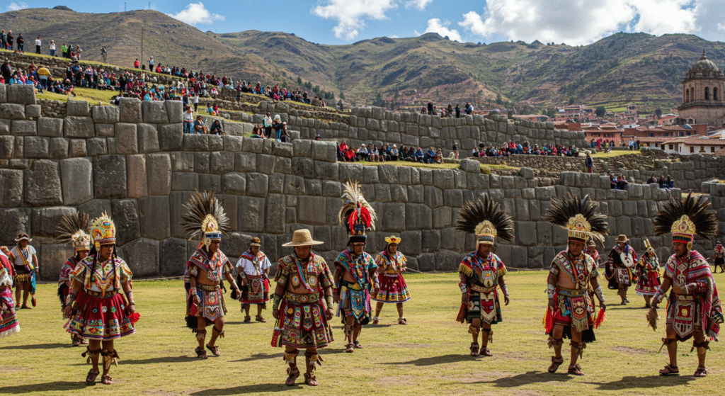 Performers in Incan costumes at the Inti Raymi Sun Festival in Cusco, Peru.