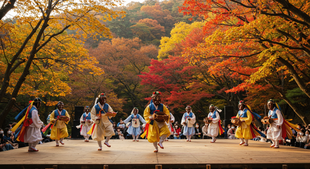 Korean performers wearing traditional Hahoe masks during the Andong Mask Dance Festival.