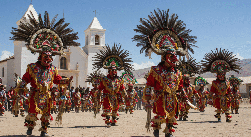 Dancers in vibrant devil costumes performing at the Fiesta de la Tirana in northern Chile.