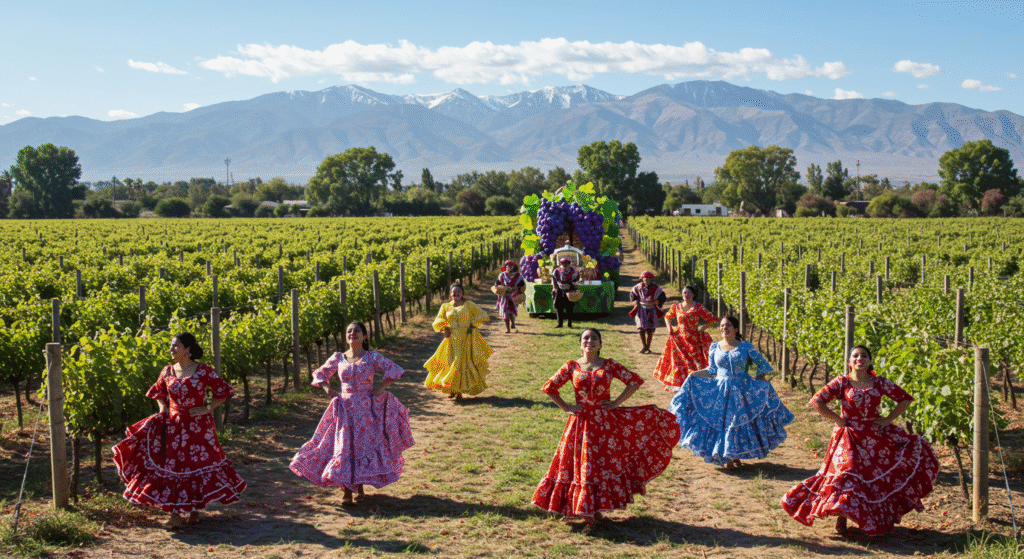 Parade floats and dancers celebrating the Grape Harvest Festival in Mendoza, Argentina.