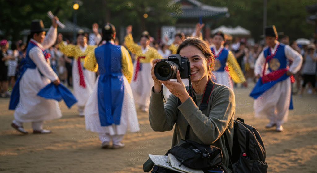 Solo traveler capturing moments at a folk festival (Korean traditional costume Hanbok) with a camera and journal.
