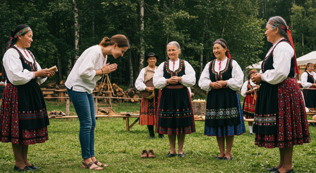 Solo traveler respectfully engaging with local customs at a traditional folk festival.