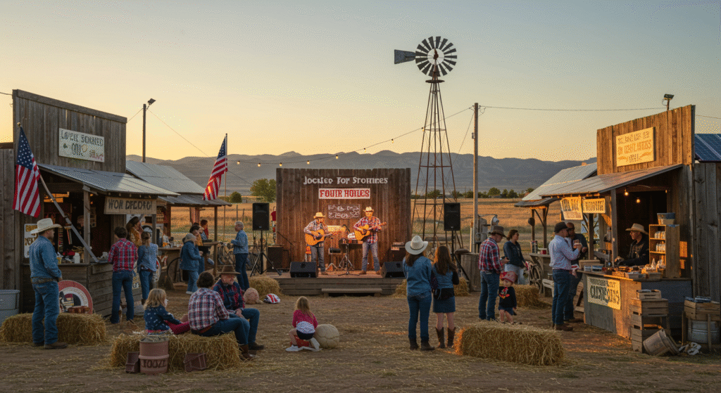 A lively scene of an eco-friendly local folk festival in rural America, featuring people in plaid shirts and cowboy hats enjoying live folk music, with solar panels, recycling bins, and wooden craft booths in the background. A sustainable, family-friendly celebration with a rustic, green living vibe.