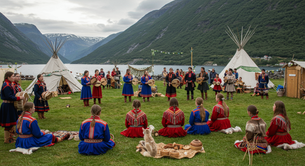 An eco-friendly local folk festival in Norway celebrating Sami Indigenous culture, with people in traditional gรกkti clothing, solar-powered tents, and sustainable practices in a scenic fjord landscape.