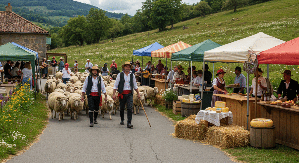 An eco-friendly local folk festival in France and Spain celebrating seasonal livestock migration, with shepherds, sheep, folk music, and sustainable rural traditions in a pastoral mountain setting.