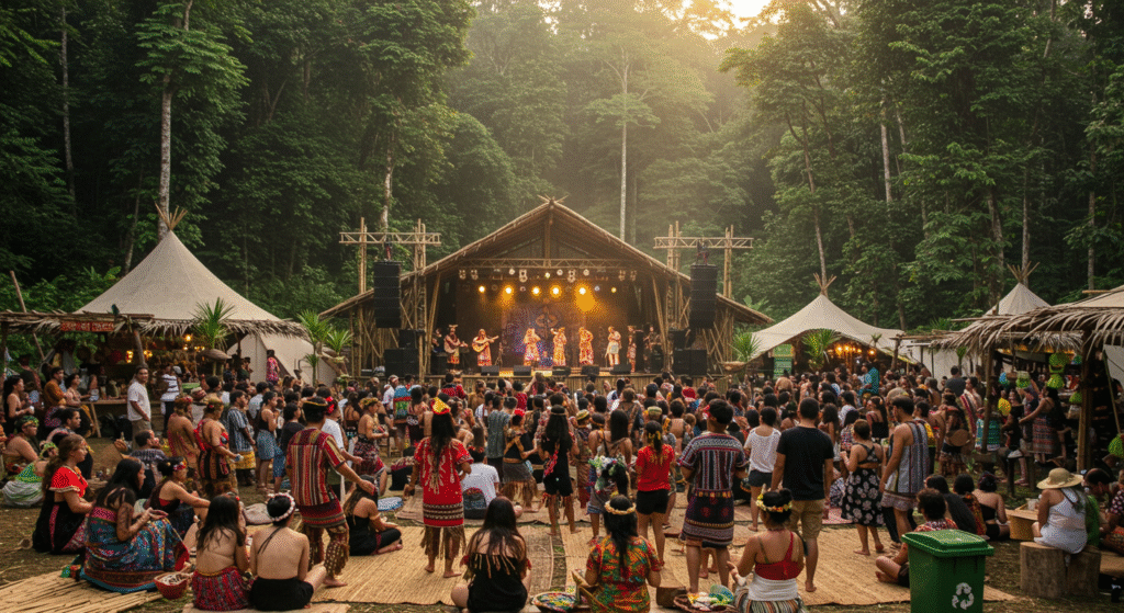An eco-friendly local folk festival in Sarawak, Malaysia set in a tropical rainforest, celebrating global music traditions with bamboo stages, ethnic costumes, and sustainable practices.