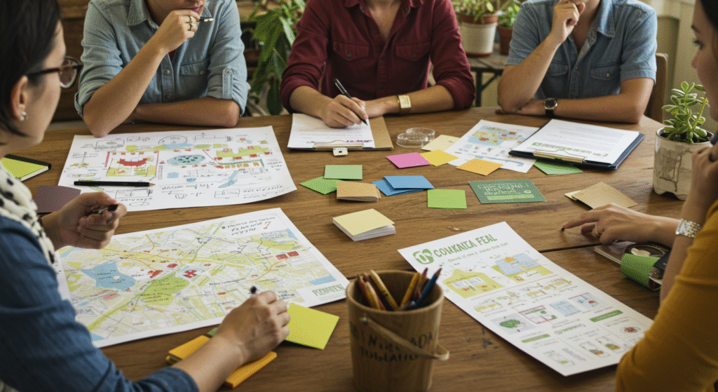 A conceptual image of people planning an eco-friendly local folk festival, with sustainable materials, community engagement, and cultural celebration ideas illustrated in a collaborative setting.