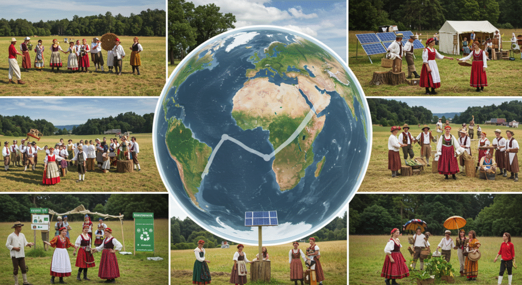 A conceptual image representing the global rise of eco-friendly local folk festivals, combining traditional culture with sustainability across diverse communities.