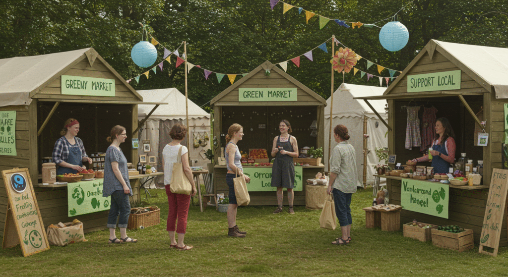 A lively scene of an eco-friendly local folk festival market, where local vendors sell sustainable goods, handmade crafts, and organic food in a community-focused, plastic-free environment.