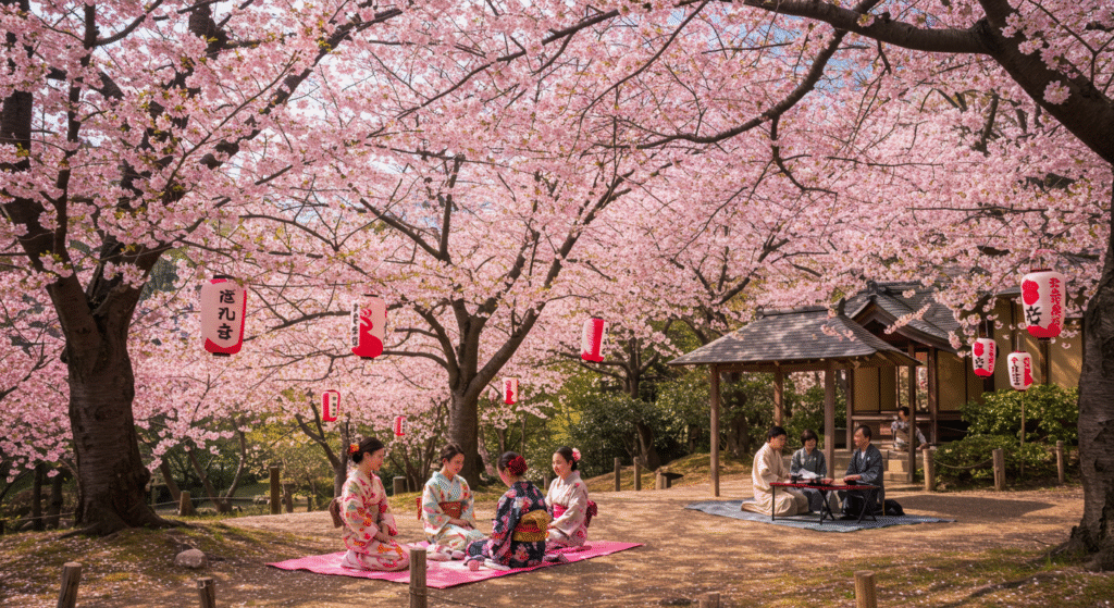 A traditional Hanami picnic under cherry blossoms in Kyoto, Japan, showcasing local folk festivals during spring with people wearing kimonos and performing tea ceremonies.