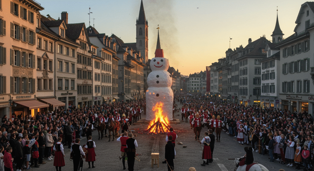 A vibrant scene from Sechselรคuten in Zurich, Switzerland, a local folk festival during spring featuring traditional costumes, horse parades, and the burning of the Bรถรถgg effigy.