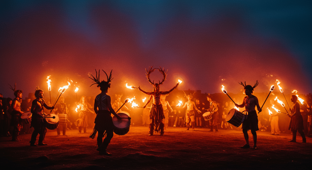 A dramatic night view of the Beltane Fire Festival in Edinburgh, one of the most artistic local folk festivals during spring, with fire dancers and Celtic ritual performances.