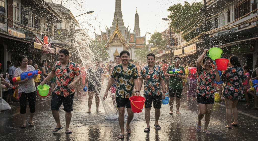 Joyful crowds splashing water during Songkran in Thailand, a lively and spiritual local folk festival during spring that celebrates the Thai New Year with tradition and fun.