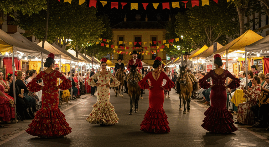 Women in flamenco dresses and decorated horses at Feria de Abril in Seville, Spain, a colorful local folk festival during spring highlighting Andalusian music and culture.