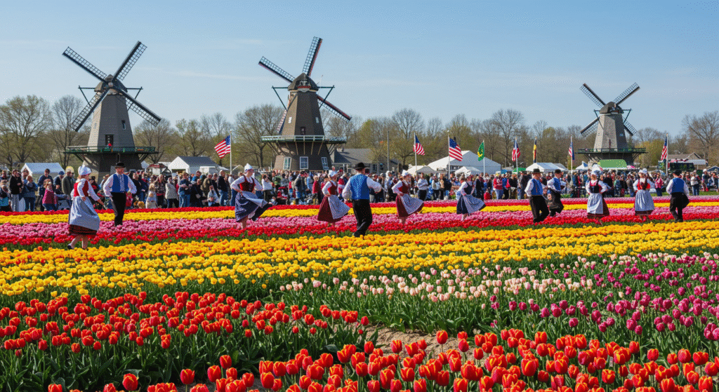 Fields of blooming tulips and Dutch folk dancers in Holland, Michigan during the Tulip Time Festival, a beautiful American example of local folk festivals during spring.
