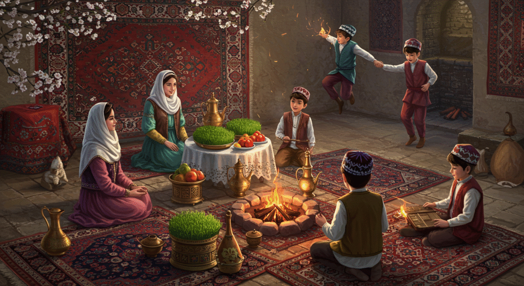 A family celebrating Nowruz with a Haft-Seen table and fire-jumping ritual, representing one of the oldest local folk festivals during spring in Central Asia and the Middle East.