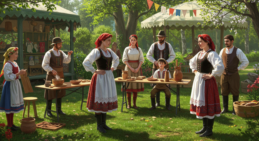 Children and adults engaging in traditional dance and craft workshops at a local folk festival during spring, showcasing cultural education through hands-on experience and community celebration.