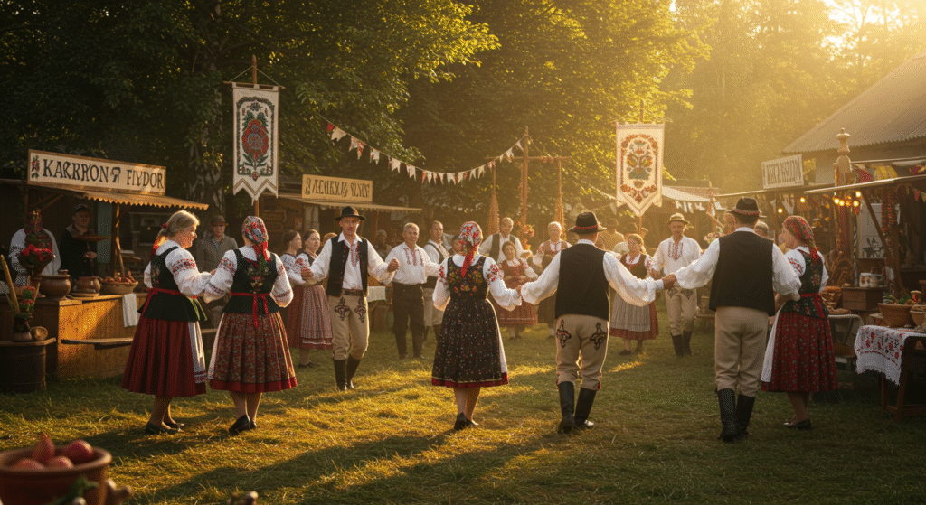 People in traditional costumes dancing at a lively summer folk festival, surrounded by food stalls and colorful decorations in a sunlit village setting.