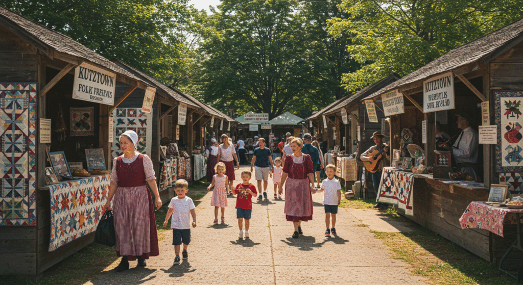 Families enjoying one of the most iconic local folk festivals during summer at the Kutztown Folk Festival, surrounded by traditional crafts, quilts, and live folk music.