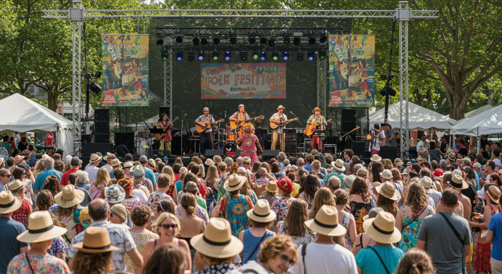 Crowds gathering at the National Folk Festival, a dynamic local folk festival during summer featuring diverse music styles and cultural performances across the U.S.
