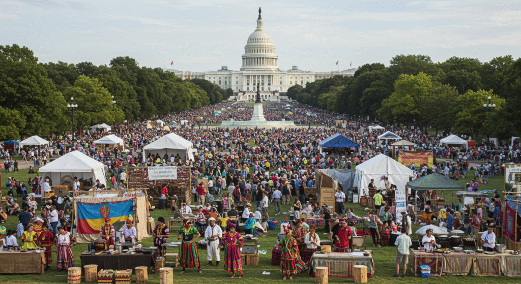 Visitors exploring the Smithsonian Folk Festival, a major local folk festival during summer in Washington D.C., showcasing global traditions and live cultural performances.