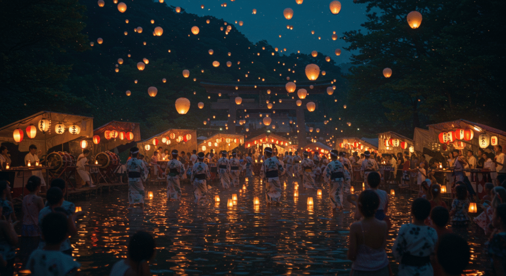 Participants celebrating the Obon Festival, a traditional local folk festival during summer held by Japanese communities, with lanterns, Bon Odori dancing, and taiko drumming.