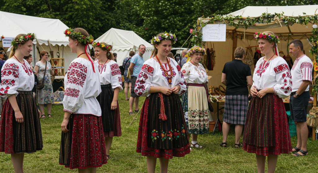 Attendees exploring traditional clothing styles at a local folk festival during summer, featuring embroidered garments, woven skirts, and handcrafted accessories in a festive outdoor setting.