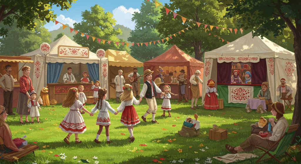 Children and families enjoying cultural performances and hands-on activities at a local folk festival during summer, with open spaces, music, and colorful decorations creating a fun, welcoming environment.