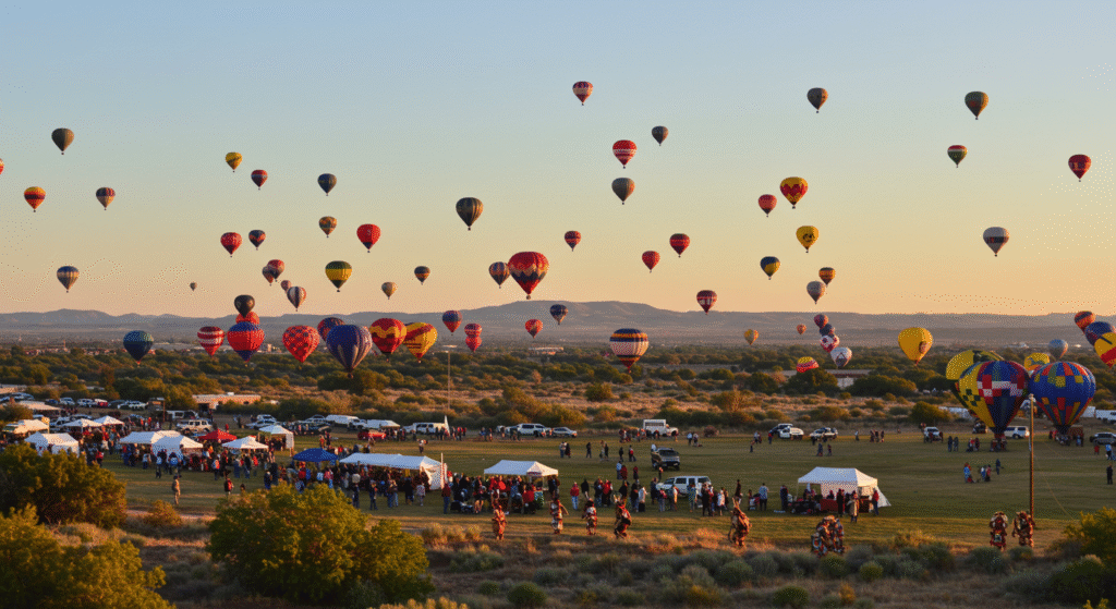 Colorful hot air balloons over Albuquerque during autumn, showcasing the Albuquerque International Balloon Fiesta, one of the Top 7 Incredible Local Folk Festivals During Autumn