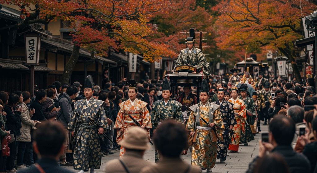 Historical parade in Kyotoโs Jidai Matsuri, with locals in traditional costumes celebrating one of the Top 7 Incredible Local Folk Festivals During Autumn