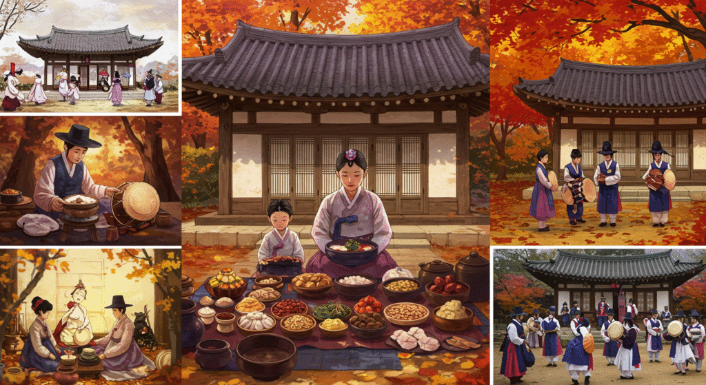 Traditional Chuseok celebration in South Korea, with hanbok, folk games, and seasonal foods, part of the Top 7 Incredible Local Folk Festivals During Autumn That Will Amaze You.