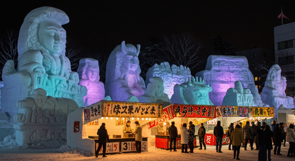 Local folk festivals during winter: Snow and ice sculptures at Sapporo Snow Festival in Hokkaido, Japan.