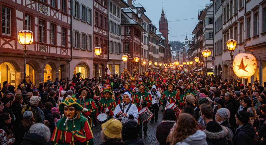 Local folk festivals during winter: Masked parade and lantern-lit streets at Fasnacht in Basel, Switzerland.