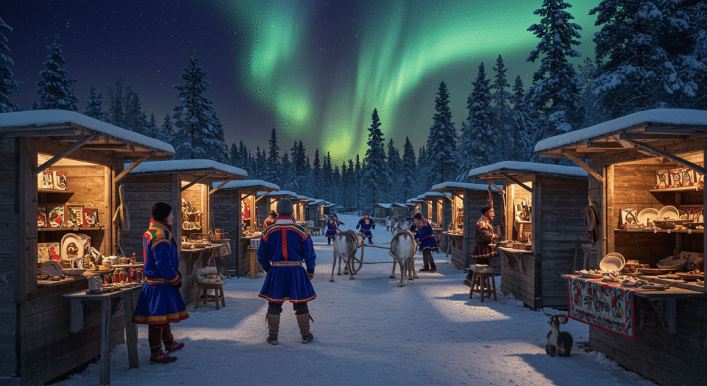 Local folk festivals during winter: Sami people and reindeer races at Jokkmokk Winter Market in Sweden.