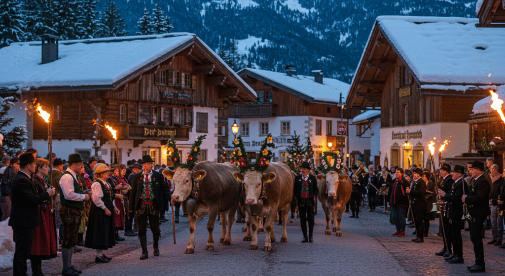 Local folk festivals during winter: Torchlight parade and folk dance in snowy Austrian village during Winter Almabtrieb.