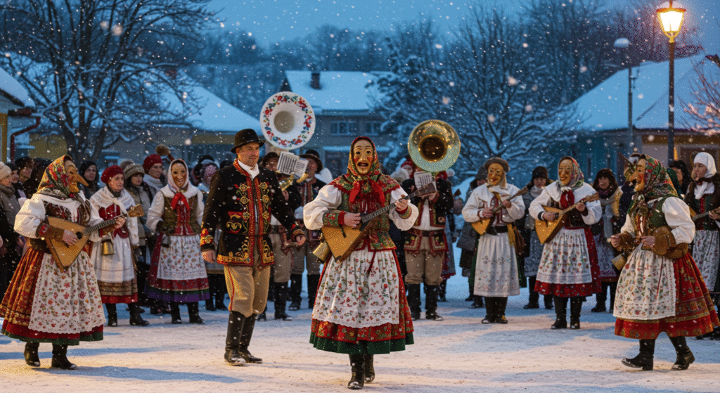 Local folk festivals during winter: Traditional music and dance performances at multicultural winter celebrations in Europe.
