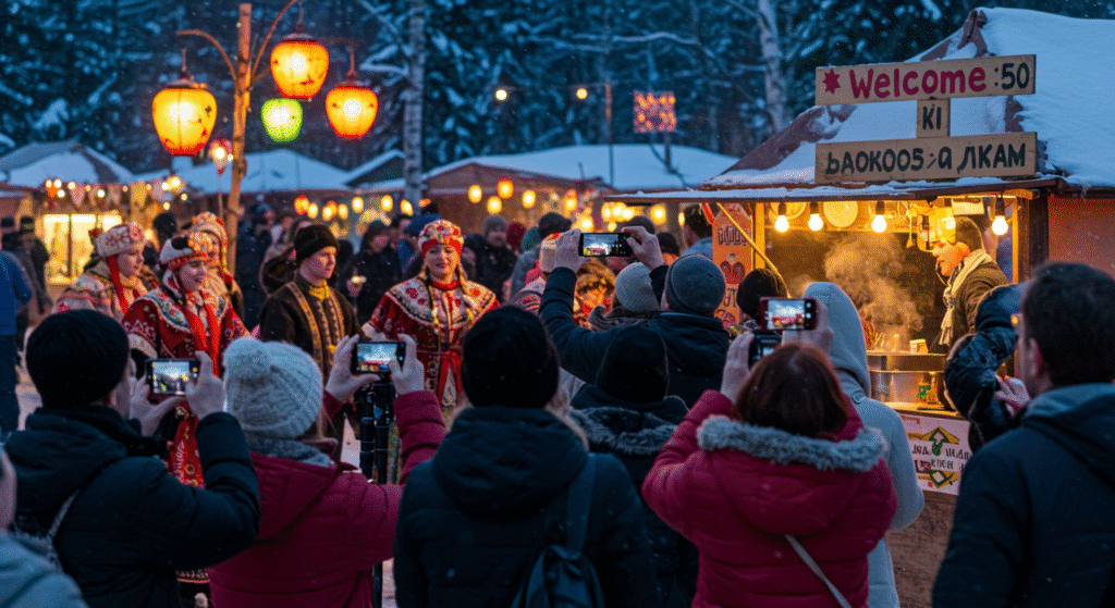 Local folk festivals during winter: Tourists enjoying traditional performances, food, and photography at a festive winter celebration.
