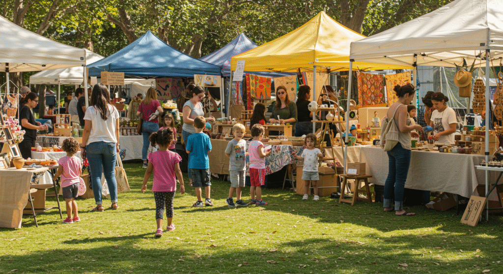 A lively scene from a local artisan festival featuring handmade crafts, community workshops, and family-friendly activities โ a perfect visual for a Local artisan festivals guide.