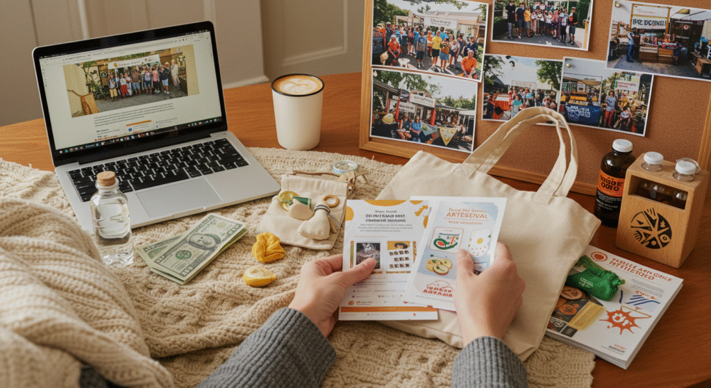 A person preparing for a local artisan festival using a printed guide and packing essentials, illustrating helpful tips from the Local artisan festivals guide.
