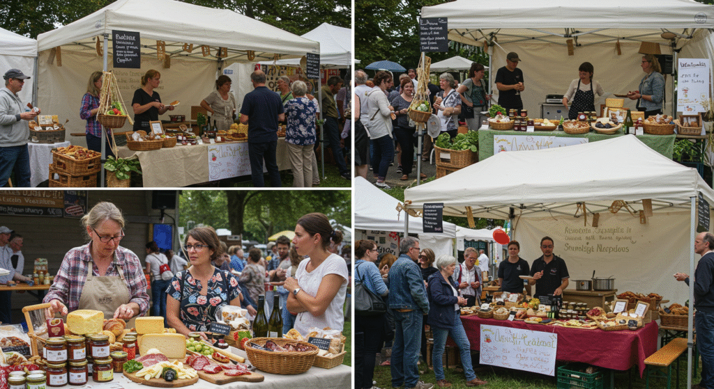 A vibrant artisan food market with handmade goods and live cooking demos, capturing the culinary charm of a Local artisan festivals guide.