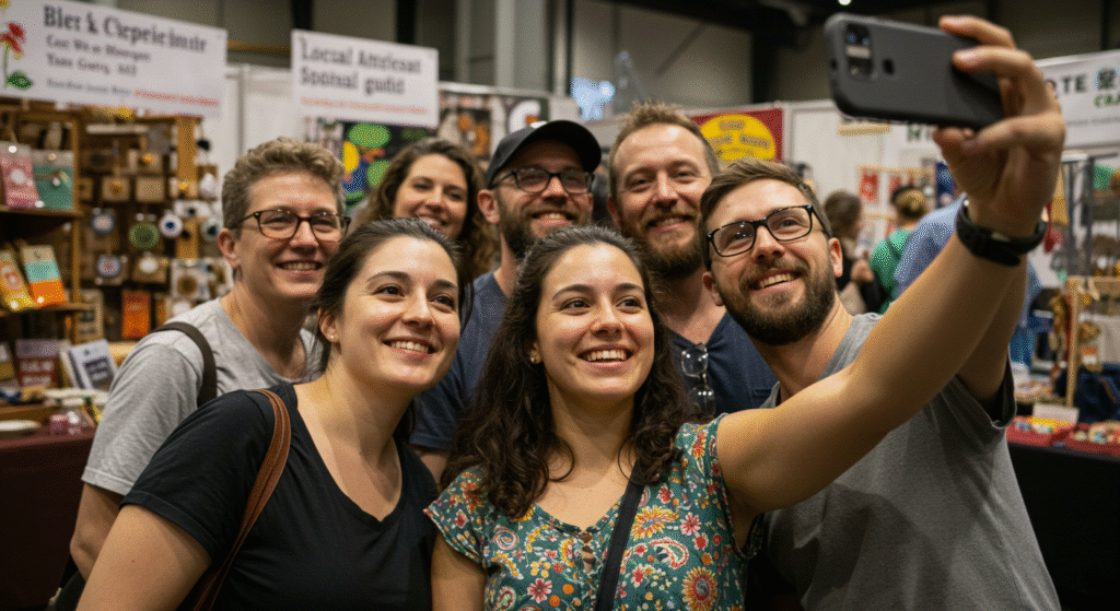 Festival-goers sharing moments and promoting community spirit, embodying the message of the Local artisan festivals guide.