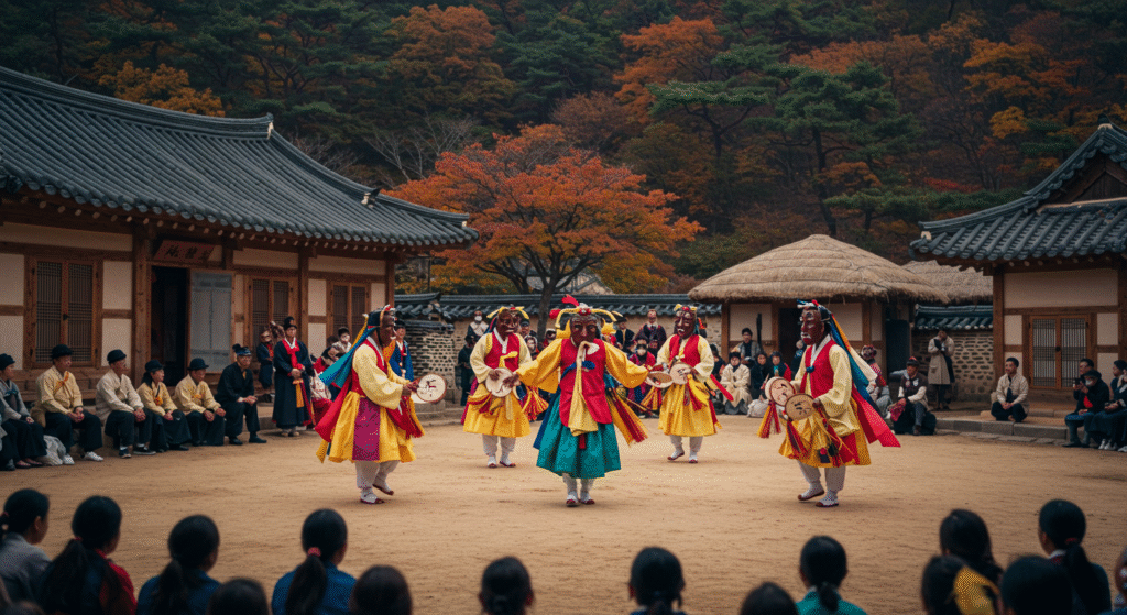 A traditional Korean mask dance performance at the Andong Mask Dance Festival, with performers wearing colorful hanbok and Hahoe masks in a historic village setting. This iconic celebration is one of the most famous local folk festivals in Korea, blending cultural heritage with vibrant performances.