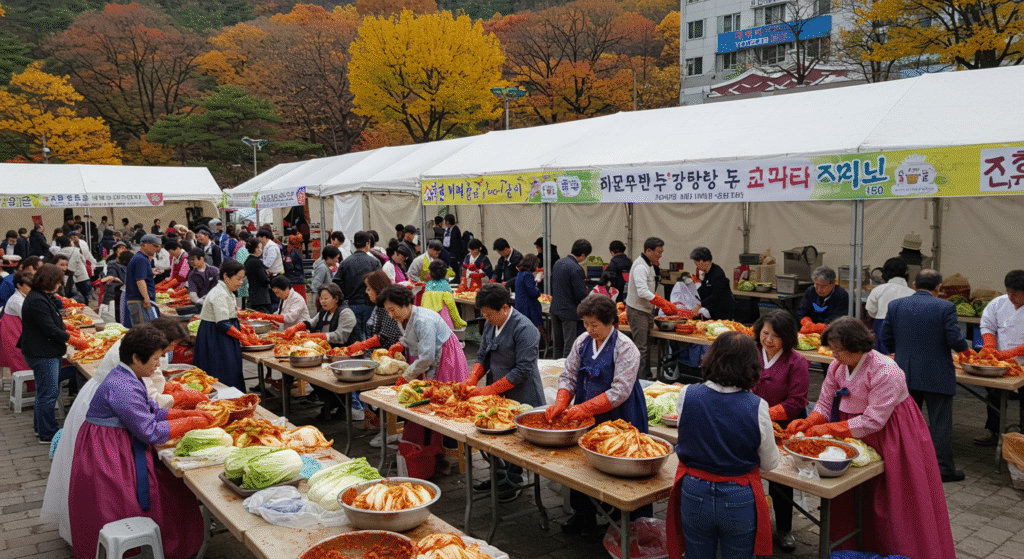 Visitors participating in kimchi-making at the Gwangju World Kimchi Festival, a cultural celebration deeply rooted in Korean tradition and community. This vibrant event is one of the most flavorful local folk festivals in Korea.